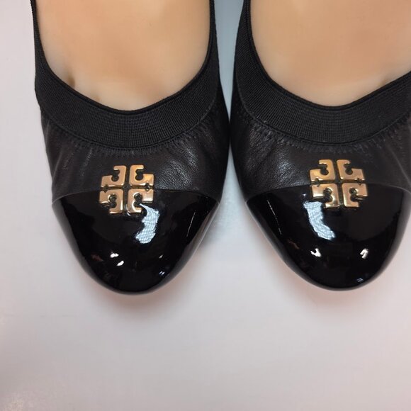 Tory Burch Black Leather Jolie Wedge Cap Toe Pumps 8.5 - Picture 4 of 13